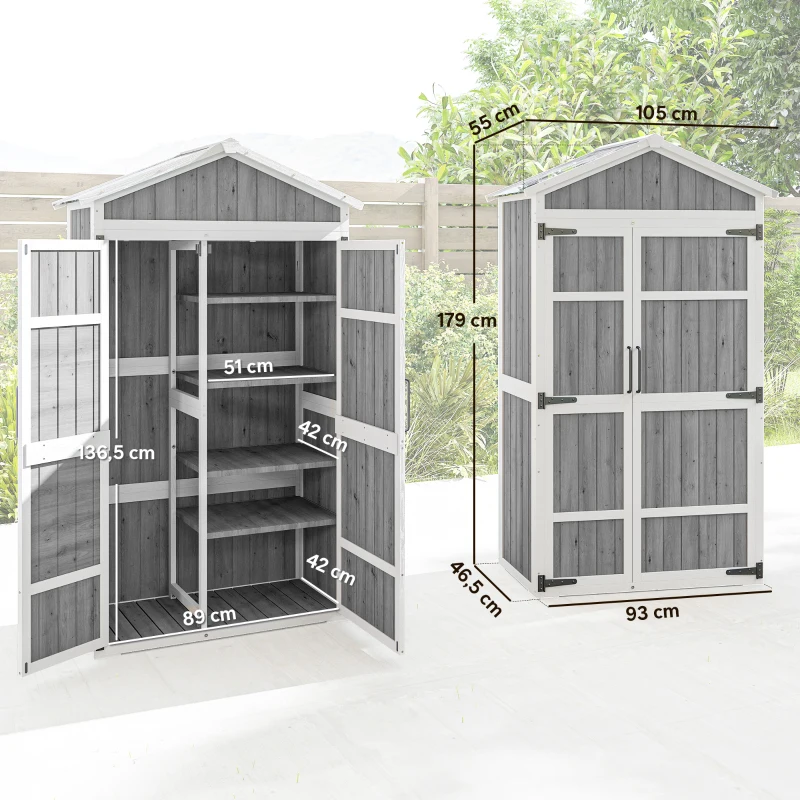Outsunny Armario de Jardín Cobertizo Impermeable con Techo de Metal Doble Puerta para Herramientas de Jardinería 105x55x179cm Gris