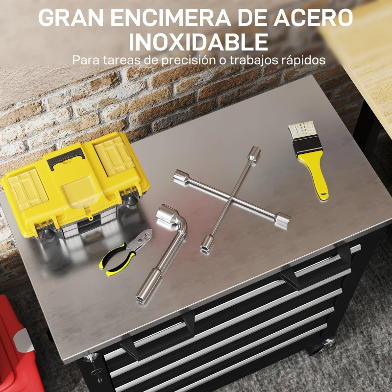 HOMCOM Carro de Herramientas con Ruedas Carro de Taller de Acero con 5 Cajones Conectores Laterales para Garaje Negro y Plata