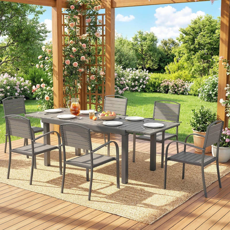 Outsunny Set mobilier grădină 7 piese Masă extensibilă cu 6 scaune Design lamele aspect lemn Cadru aluminiu