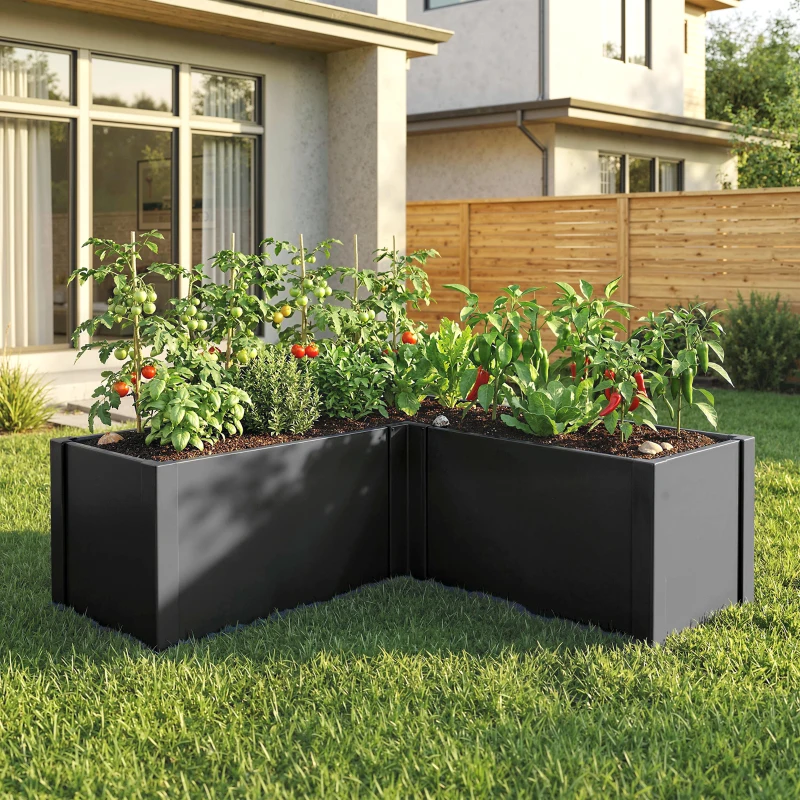 Outsunny Canteiro em L para Flores, Resistente às Intempéries, Canteiro de Plantio/Estufa em Aço Galvanizado 150 x 150 x 55 cm Preto