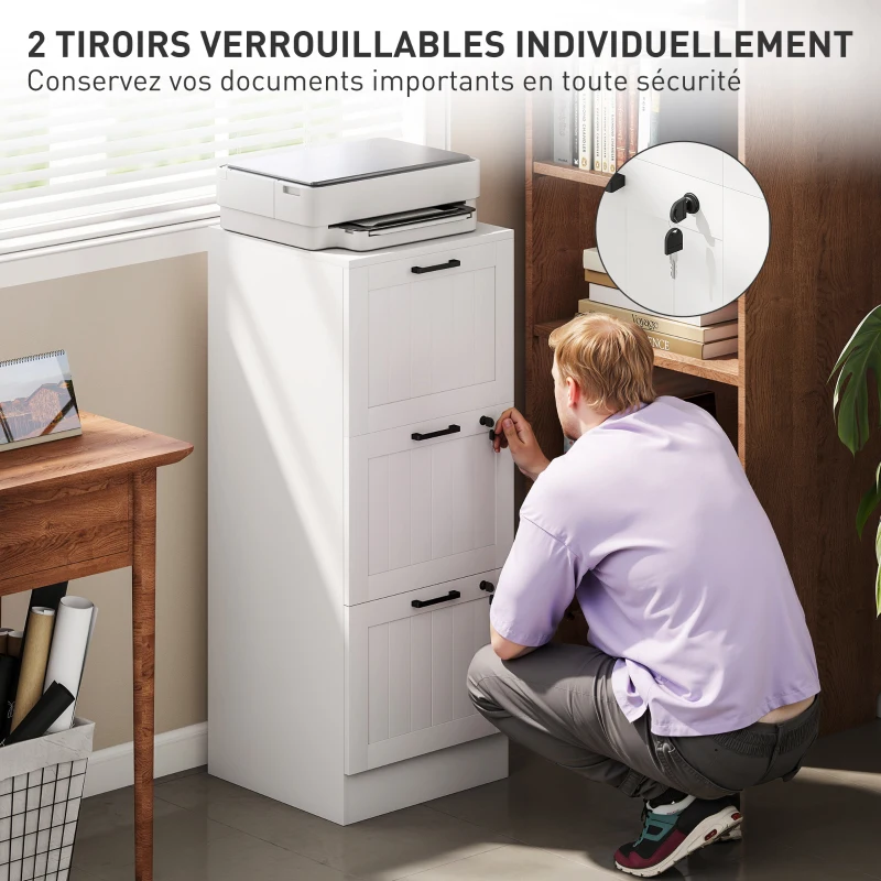 HOMCOM Caisson bureau, meuble rangement bois 3 tiroirs et serrure, barres de suspension réglables, 40 x 40 x 101 cm, blanc