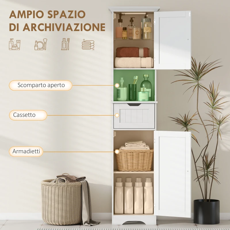 HOMCOM Mobile Colonna Bagno in Legno con 2 Armadietti con Sensore, Ripiano Aperto e Cassetto, 40x30x170 cm, Bianco