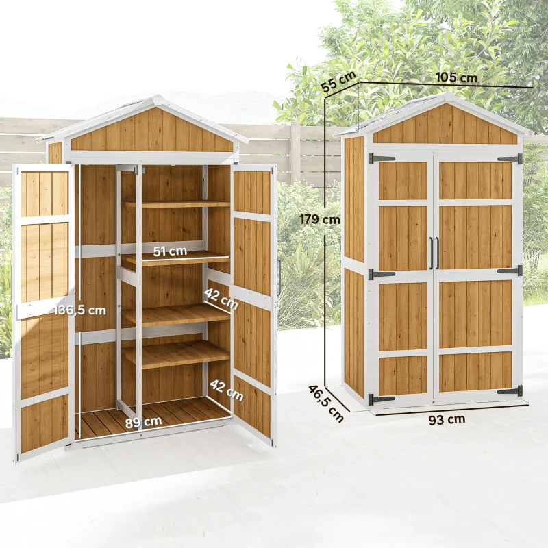 Outsunny Gartenschrank Wetterfester Außenschrank mit Metalldach Doppeltür für Gartengeräte 105x55x179cm Natur