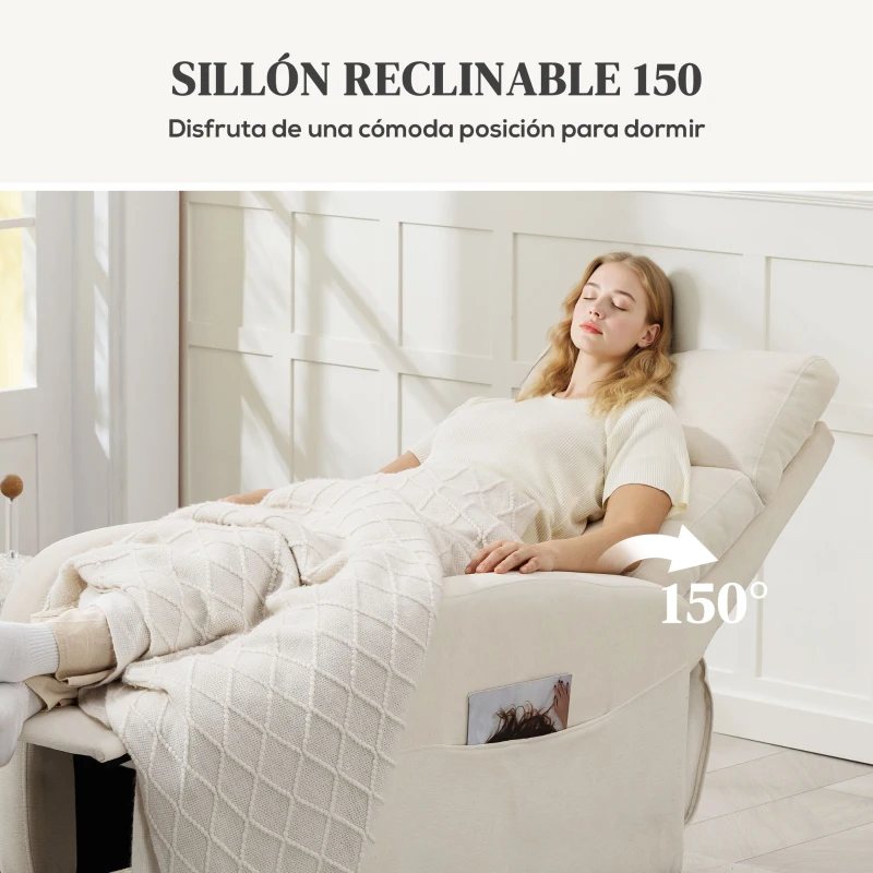 HOMCOM Sillón Relax Reclinable Tapizado en Lino Sintético con Reposapiés y Bolsillos Laterales Carga 135 kg Crema