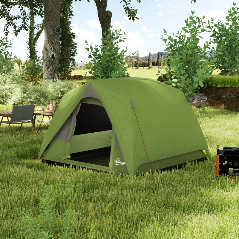 Outsunny Tente de camping 2-4 personnes, tente dôme familiale imperméable, avec fenêtres, poche, sac de transport vert olive