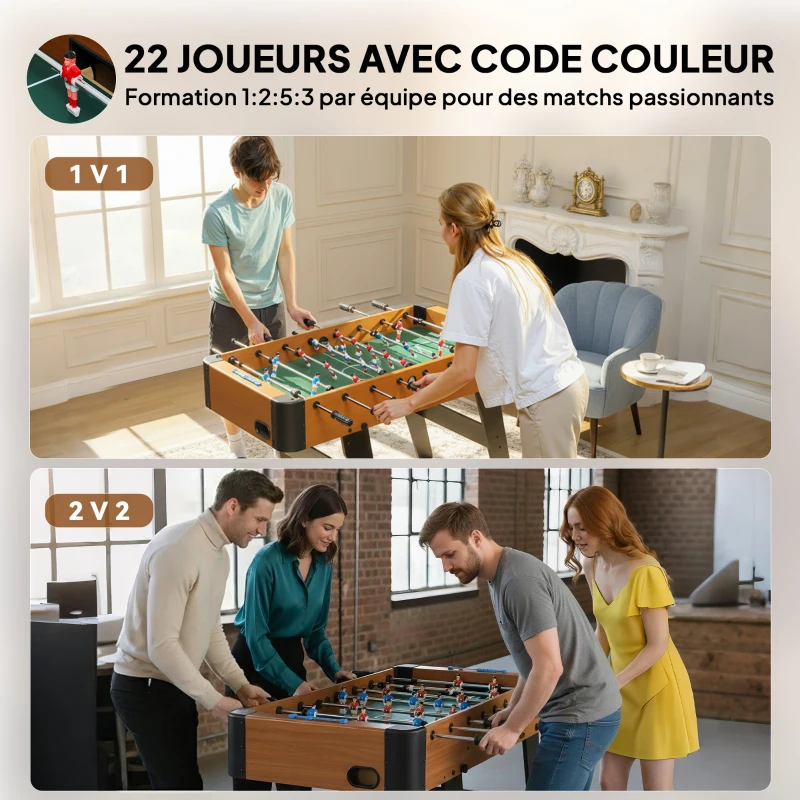 SPORTNOW Baby-foot pliable en bois table de babyfoot pliable sur pied avec 2 balles 22 joueurs, 118 x 107,5 x 78 cm, marron