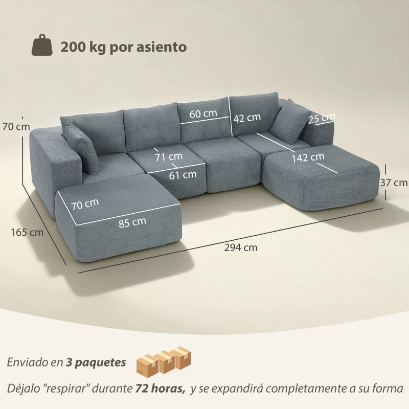 HOMCOM Sofá Seccional en Forma de U Sofá Modular con 2 Taburetes 2 Almohadas Reposabrazos Anchos sin Montaje Gris