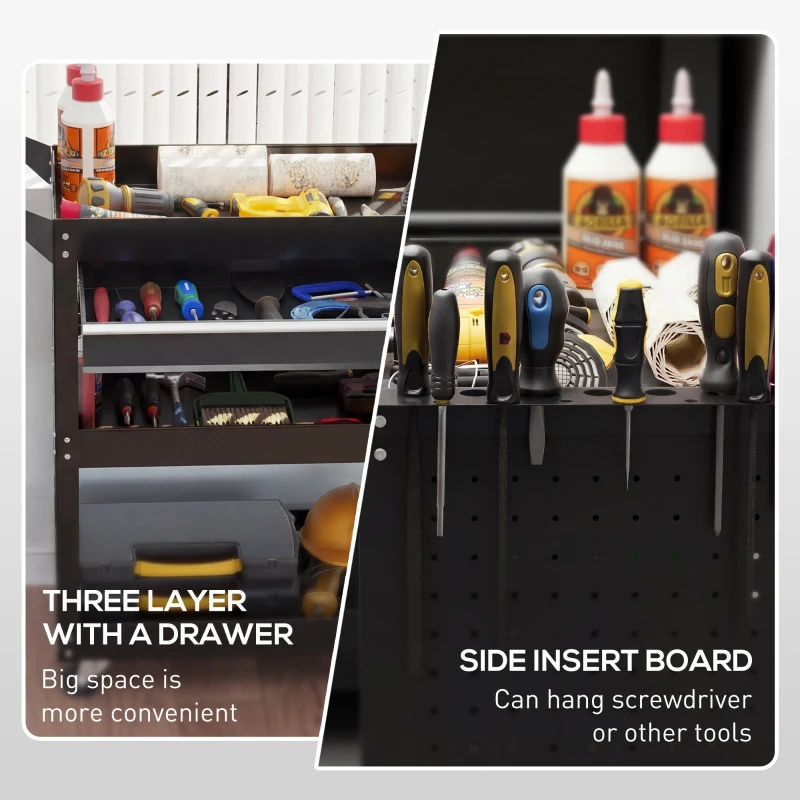 DURHAND Carrello 3 Livelli in Acciaio con Cassetto, Porta Utensili Laterale e Maniglia, Nero