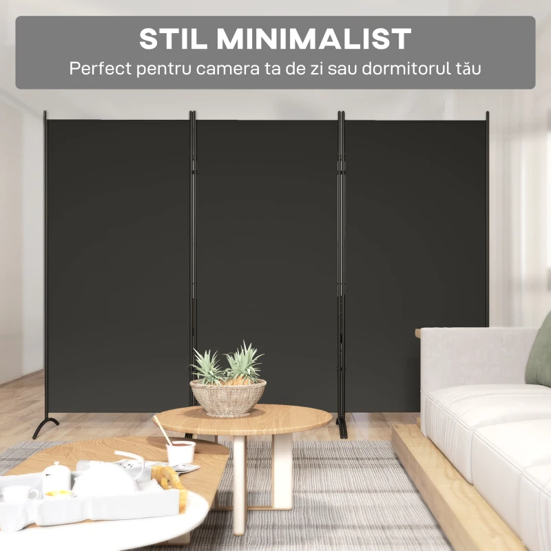 HOMCOM Paravan pliabil de interior cu 3 panouri, realizat din metal și poliester, 253x50x182 cm, negru
