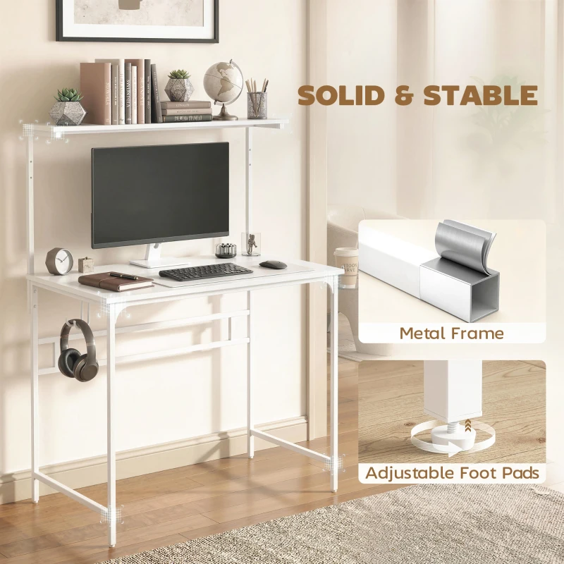 HOMCOM Computer Desk, 80cm Home Office Study Table with Hutch Shelf, Cup Holder, Headphone Hook, White