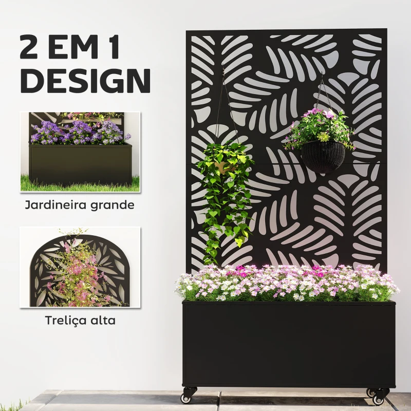 Outsunny Floreira Exterior Grande com Rodas e Painel de Privacidade com Folhas de Monstera Estrutura de Metal 90x30x160 cm Preto