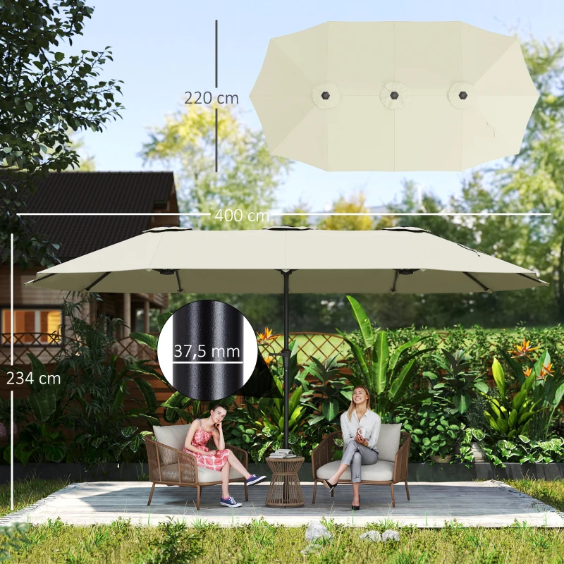 Outsunny Parasol de jardin extérieur, parasol double rectangulaire 4 x 2,2 x 2,3 m avec ouverture fermeture manivelle crème