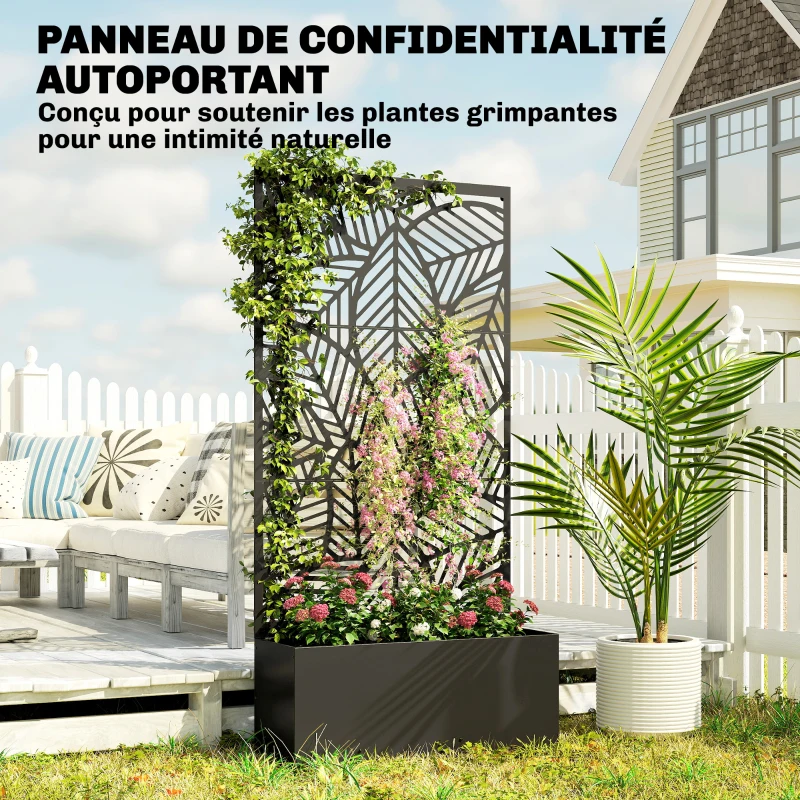 Outsunny Jardinière avec treillis, bac à fleurs, lit surélevé avec brise-vue, pour plantes grimpantes métal 90 x 30 x 170 cm noir