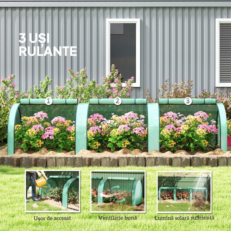 Outsunny Seră de Grădină Tip Tunel din Oțel și Plastic PP cu Uși Rulabile, 3x1x0,8 m, Verde