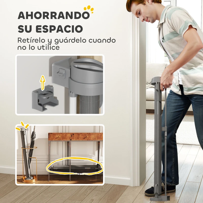 PawHut Barrera de Seguridad para Perros Retráctil con Interruptor de Cierre para Puertas Escaleras Pasillos 142x10x87 cm Gris