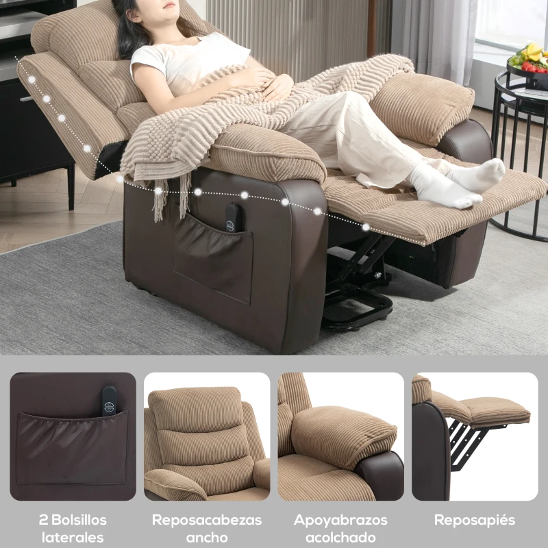 HOMCOM Sillón Relax Reclinable Eléctrico Levanta Personas con Mando a Distancia Puerto USB y Bolsillos Laterales Marrón