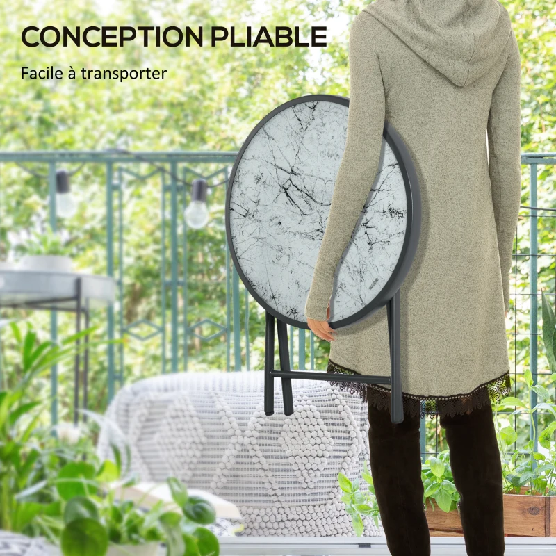 Outsunny Table basse pliante table d'appoint pliante plateau effet marbre en verre trempé structure métal ronde Ø45 x 50 cm blanc