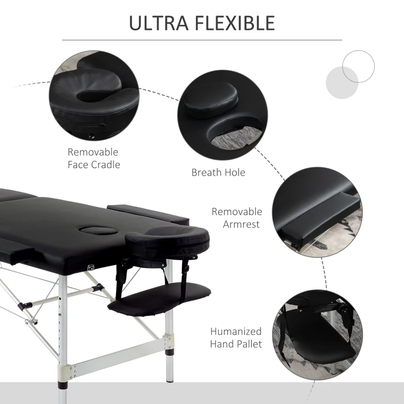 HOMCOM Foldable Massage Table, 185Lx70Wx59-80H cm, Aluminium-Black