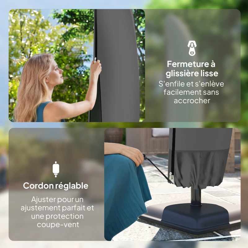 Outsunny Housse de protection imperméable pour parasol déporté avec fermeture éclair et cordon de serrage tissu Oxford noir