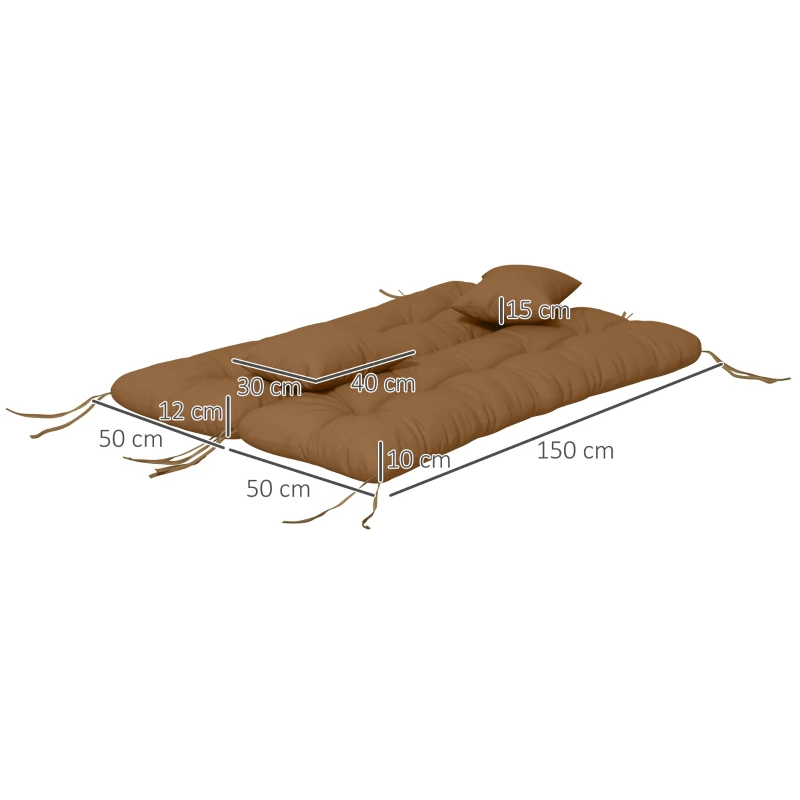 Outsunny Conjunto de 4 almofadas de assento, 150x50 cm resistente à água, almofadas com fitas, 10cm de espessura Marrom