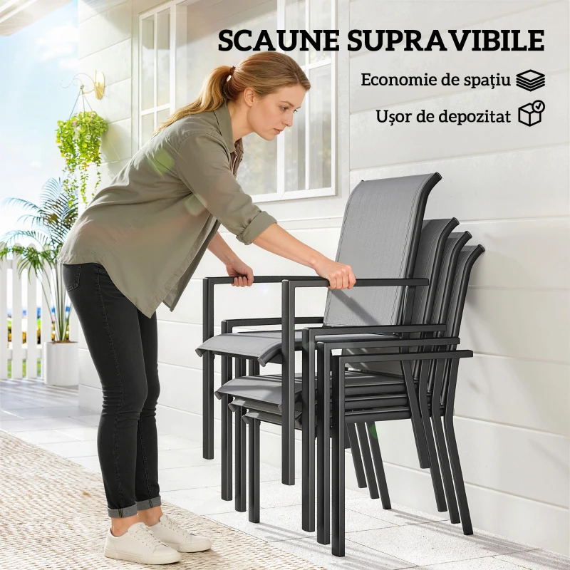 Outsunny Set de Grădină 5 piese din Oțel cu 4 Scaune Stivuibile și Masă cu Orificiu Central și Raft Inferior, Gri