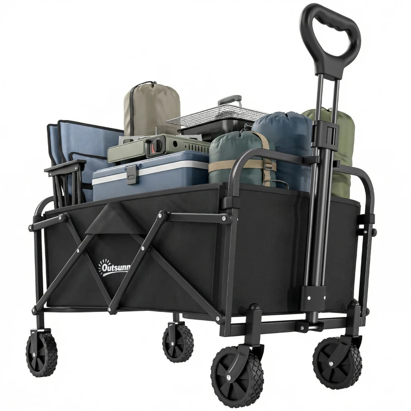 Outsunny Bollerwagen Faltbarer Handwagen mit Griff Verstellbarer Griffhöhe bis 68 kg Tragkraft für Sport Einkauf Camping Schwarz