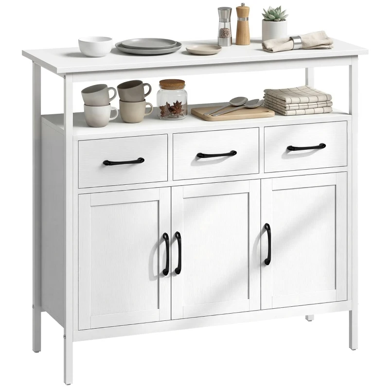 HOMCOM Buffet cocina, mueble de almacenamiento, 3 puertas, 3 cajones, compartimento abierto y estantes ajustables, 95x35x88cm, blanco