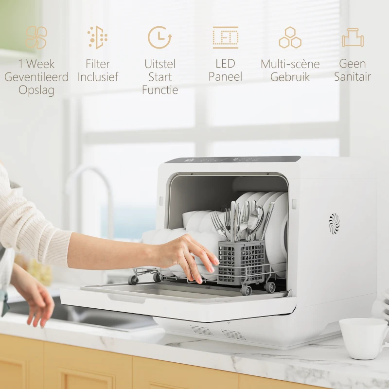 HOMCOM Tafelvaatwasser, Mini-Vaatwasser met 6-Liter-tank, 5 Programma's, LED-display, Droogfunctie, Wit(m-6)