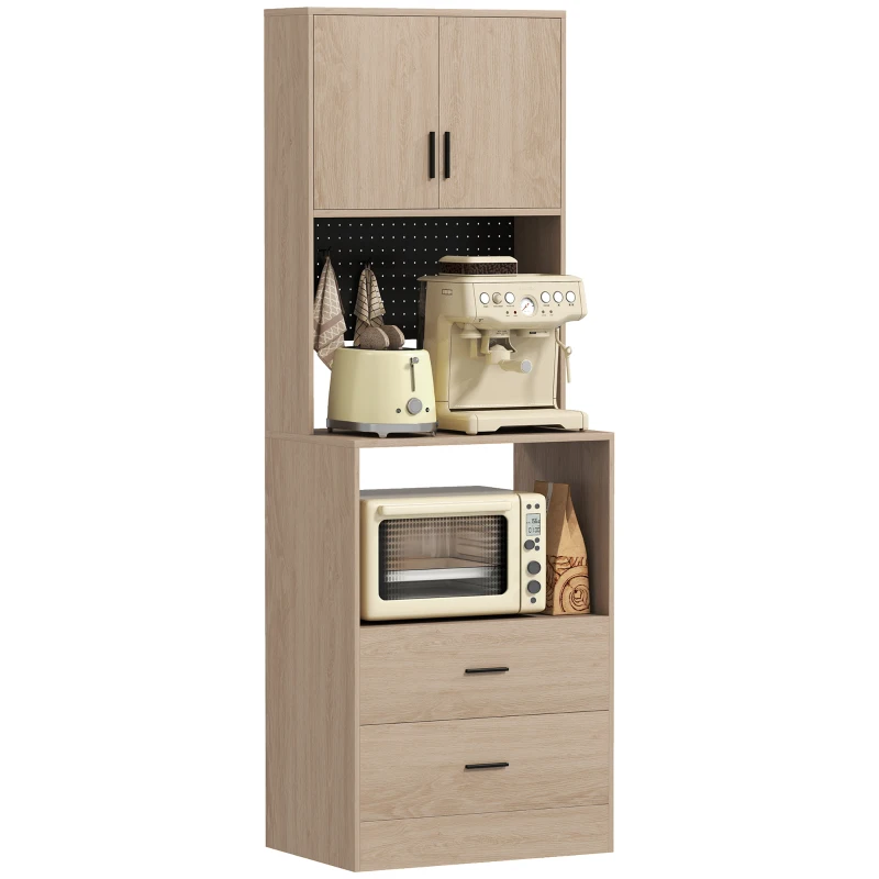 HOMCOM Mobile microonde con 2 cassetti, 2 ante, pannello forato e ganci, Legno naturale