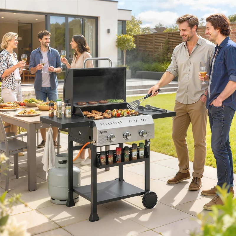 Outsunny Barbecue a Gás com 3 Queimadores 9 kW Termómetro Mesas Laterais Dobráveis e 2 Rodas Ganchos Preto