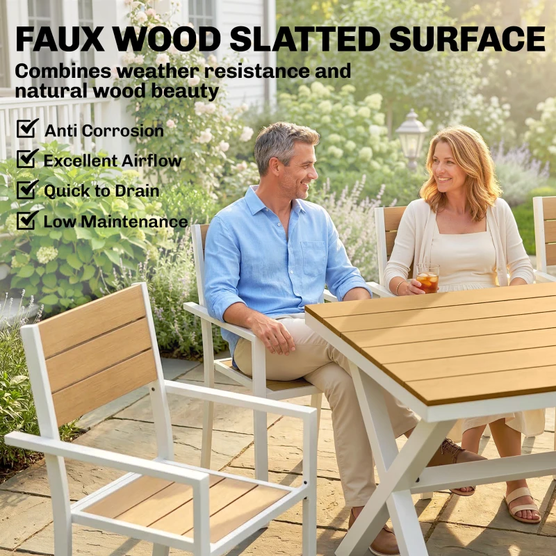 Outsunny Tuinmeubelset 7-delig met tafel en 6 stapelbare stoelen houtlook aluminium frame teak