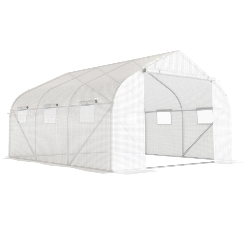 Outsunny Serre Tunnel de Jardin 13,35 m² dim. 4,5L x 3l x 2H m Porte + 6 fenêtres enroulables Acier galvanisé bâche PE Haute densité Blanc