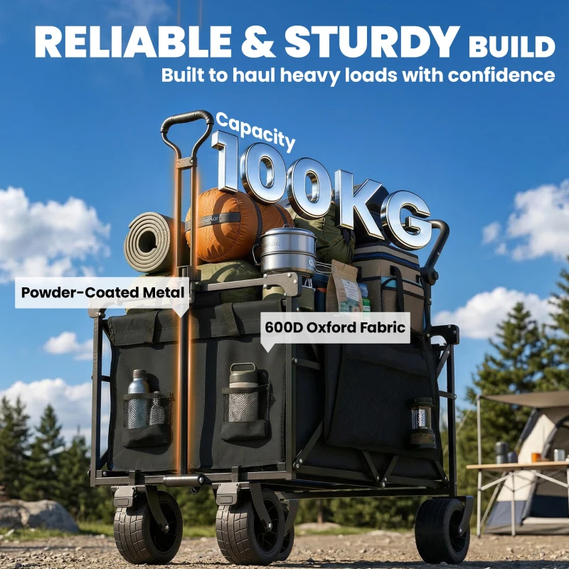 Outsunny Cărucior de grădină pliabil cu roți mari blocabile, bară reglabilă și suport pentru pahare pentru camping 125x59x133 cm Negru