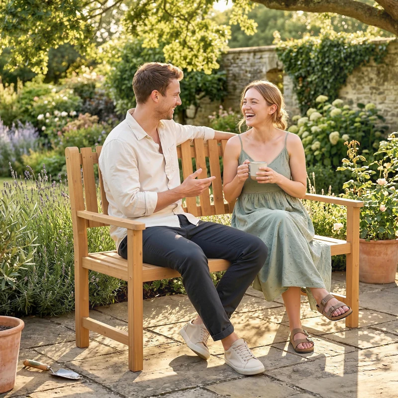 Outsunny 2-zits Tuinbank Weerbestendige Houten Bank met Lattendesign en Armleuningen, Zitbank tot 320 kg, 112 x 64 x 92 cm, Natuurhout