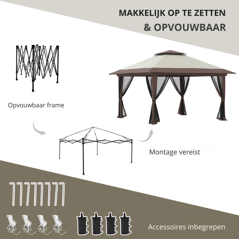 Outsunny Tuinpaviljoen 4x4x3m, Beige, Met Ventilatiedak en Verstelbare Hoogte