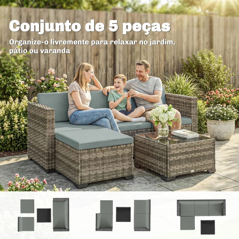 Outsunny Conjunto de Jardim em Vime de 5 Peças Inclui Almofadas 2 Poltronas de Canto Poltrona sem Braços Apoia-Pés e Mesa de Centro Cinza Claro