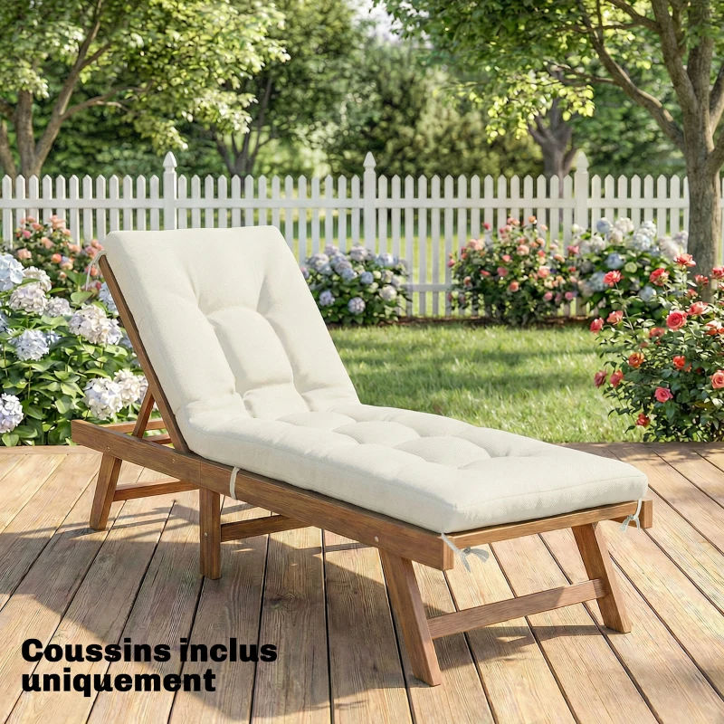 Outsunny Coussin Bain de Soleil Chaise Longue en Mousse à Mémoire avec Sangles, Protection UV50+, 198x65x13cm, Beige