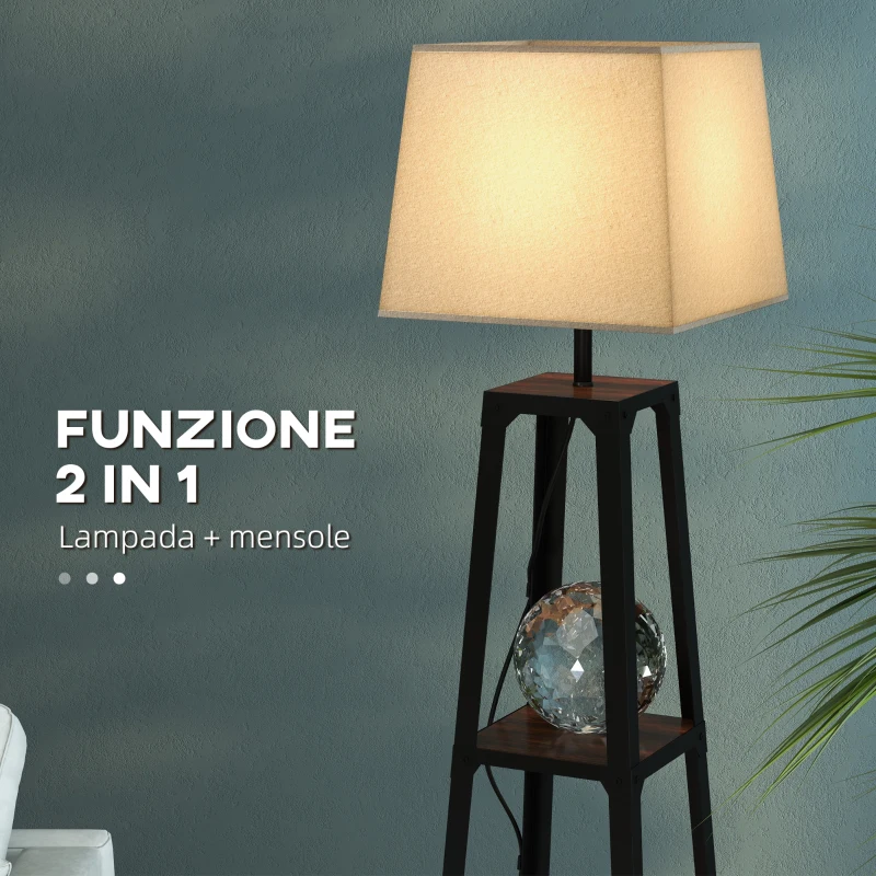 HOMCOM Lampada da Terra in Metallo e MDF a 3 Ripiani con Paralume in Tessuto, Ø42x166 cm, Nero e Beige