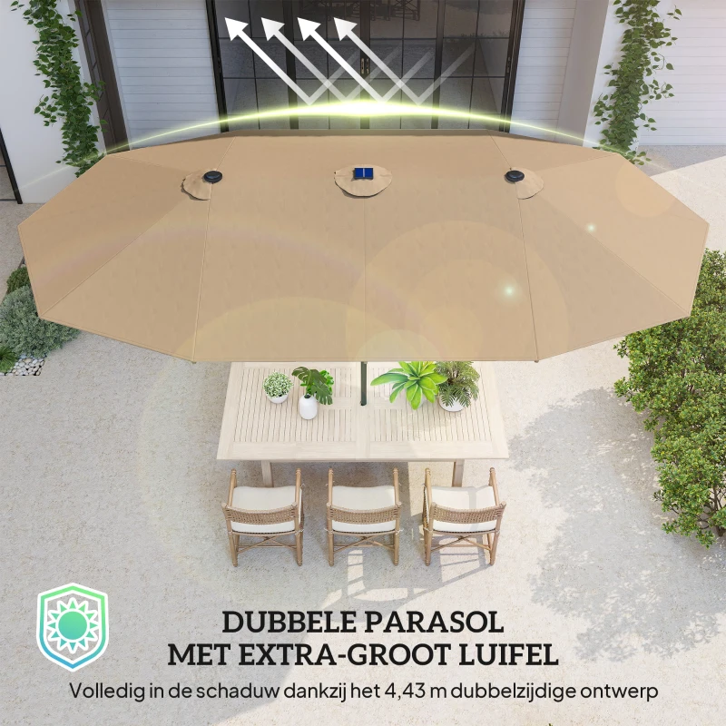 Outsunny parasol met LED dubbele parasol 440 x 260 cm tuinparasol marktparasol grote terrasparasol met handslinger ovaal metaal kaki