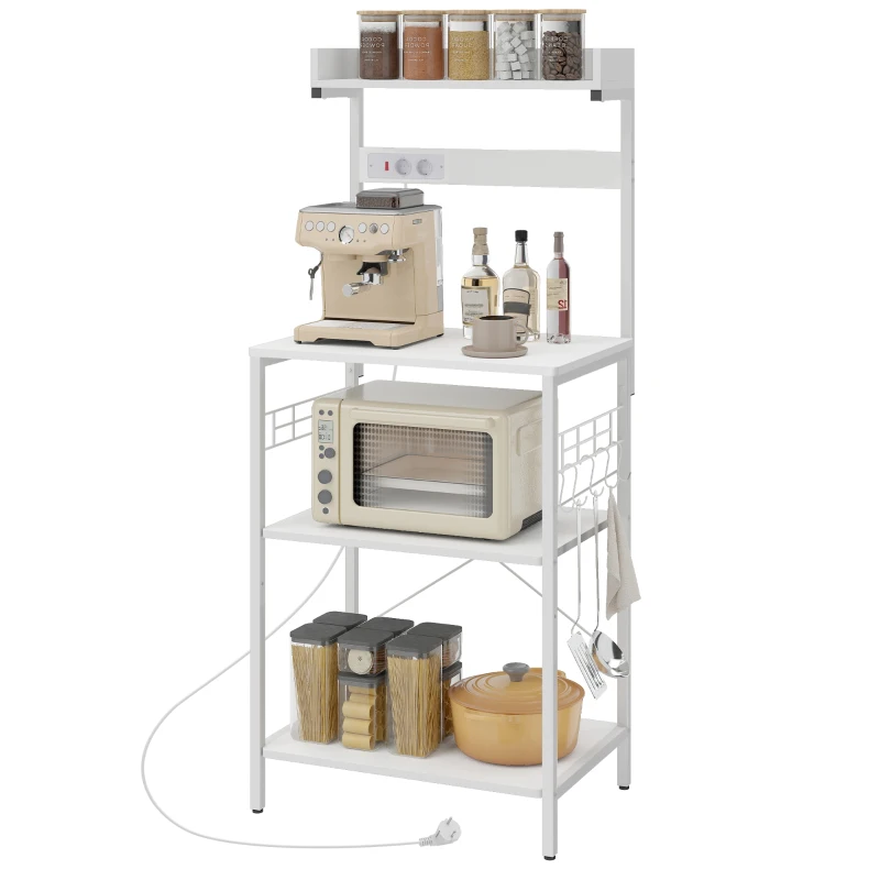 HOMCOM Estantería de Cocina con 2 Tomacorrientes Estante para Microondas Estante Ajustable Ganchos 60x42x137 cm Blanco