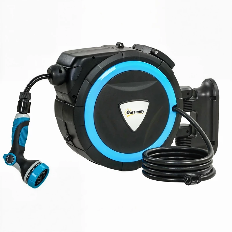 Outsunny Enrollador Manguera de Riego de Pared 14+1,5 m con Bloqueo y Adaptadores, Giratorio 180°, 12 Modos de Pulverización, 49x15x37cm, Azul