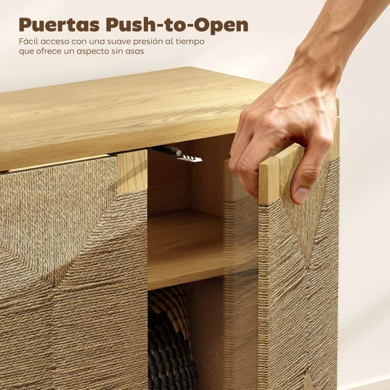 HOMCOM Aparador Bohemio de 2 Puertas con Cuerda Tejida a Mano Estante Ajustable Apertura por Presión Roble 60x40x78 cm