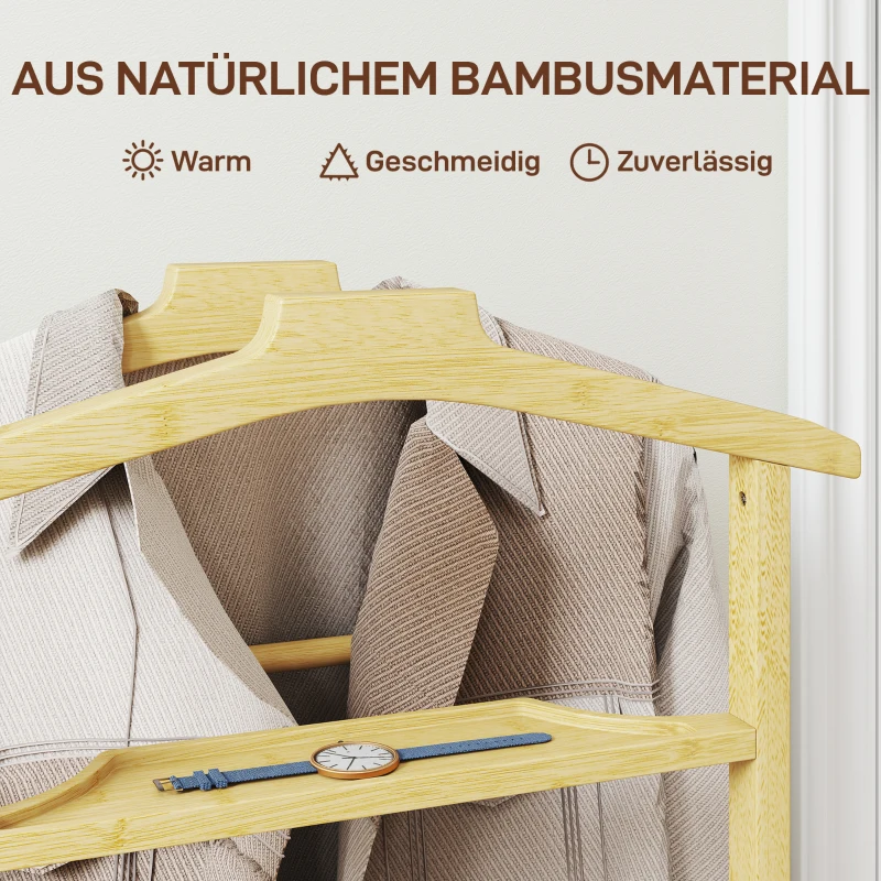 HOMCOM Kleiderständer mit Rollen, Garderobenständer mit Doppelstangen aus Bambus, Schuhablage, Ablagetablett, Hosenhalter