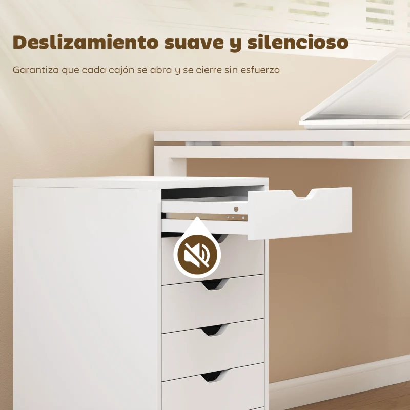 HOMCOM Cajonera Escritorio Archivador Móvil con 6 Cajones Ruedas Guías Deslizantes Silenciosas para Oficina Casa Blanco