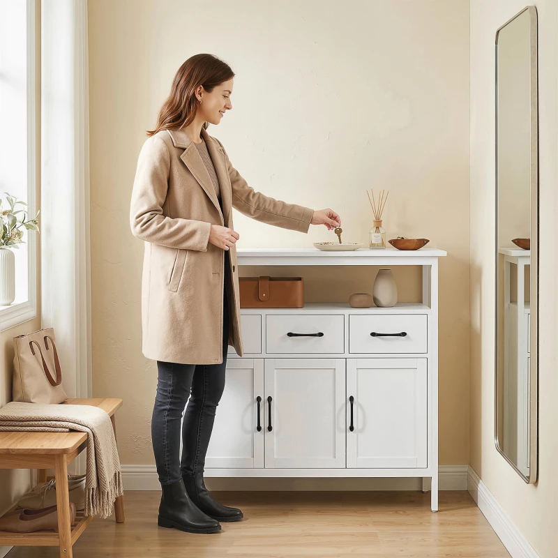 HOMCOM Buffet cocina, mueble de almacenamiento, 3 puertas, 3 cajones, compartimento abierto y estantes ajustables, 95x35x88cm, blanco