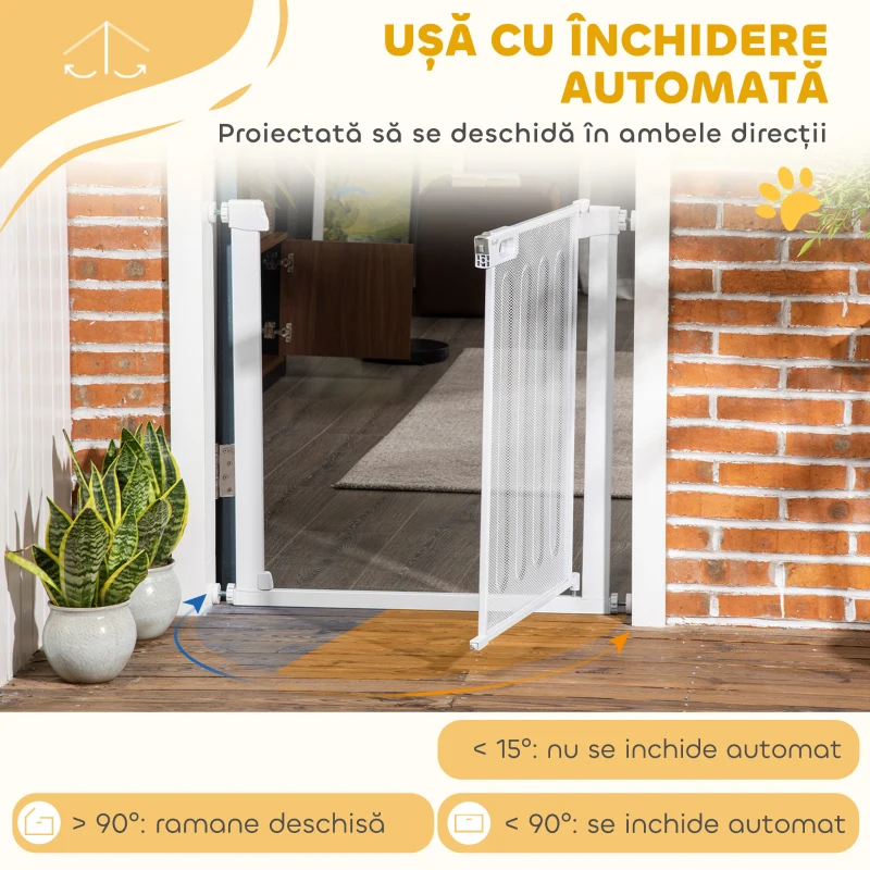 PawHut Poartă Reglabilă pentru Câini cu Închidere Automată, din Oțel și ABS, 75-82x76 cm, Albă