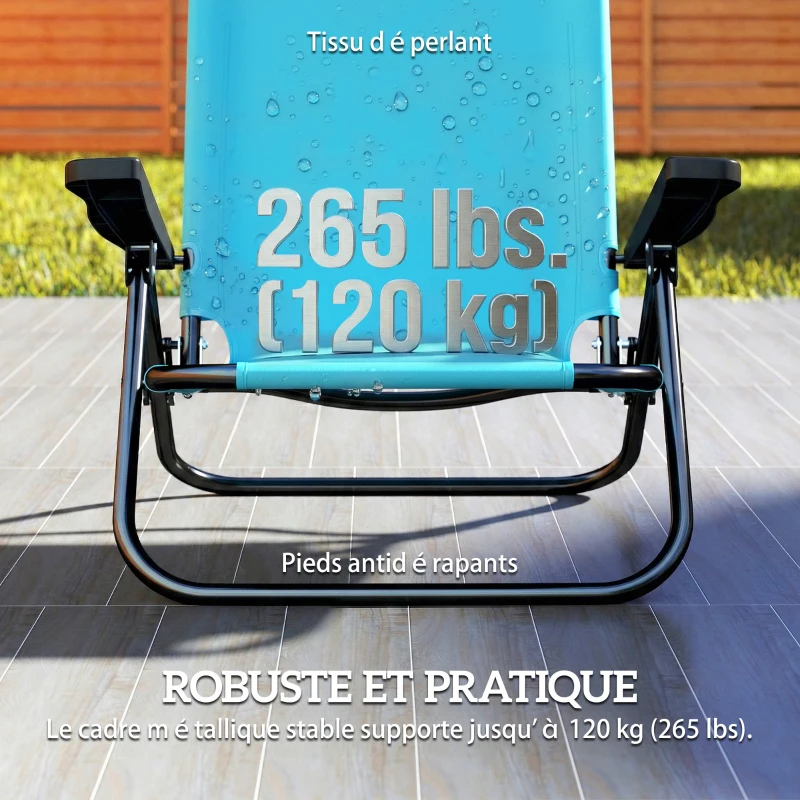 Outsunny Set mit 2 klappbaren Strandstühlen 5-fach verstellbar mit Rückenlehne, Kopfstütze und Armlehnen, 63x75x80cm, Hellblau