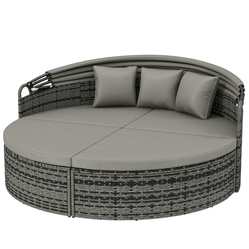 Outsunny Rundes Sonnenbett, modulares 3-tlg. Gartenbett aus geflochtenem PE-Rattan mit einziehbarem Sonnendach, Hellgrau
