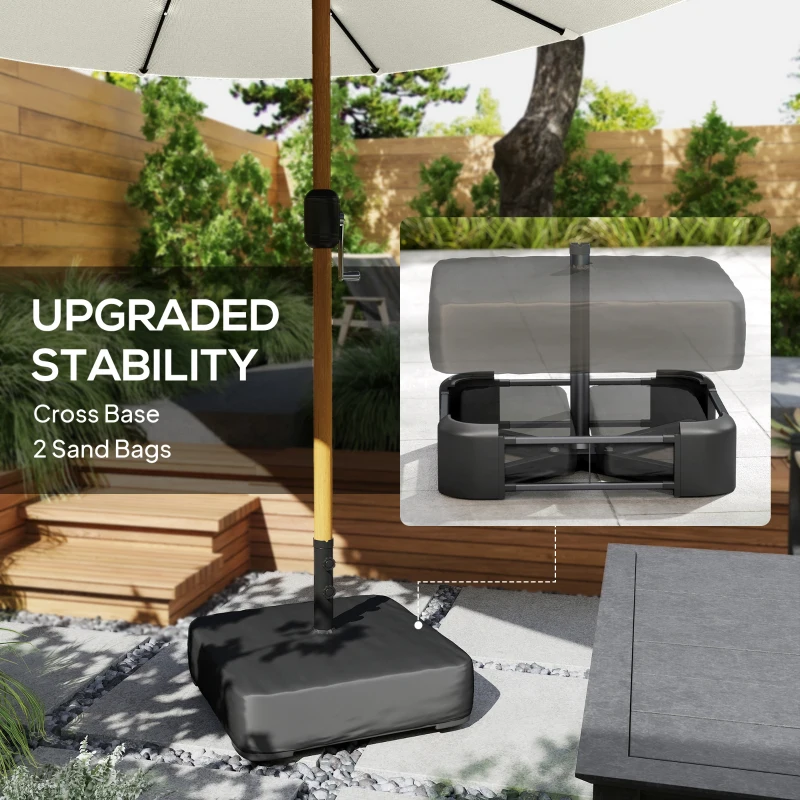 Outsunny Double Sided Garden Parasol with Base Included & 48 Solar LED Lights Patio Umbrella Crank Handle 4.6m Cream White