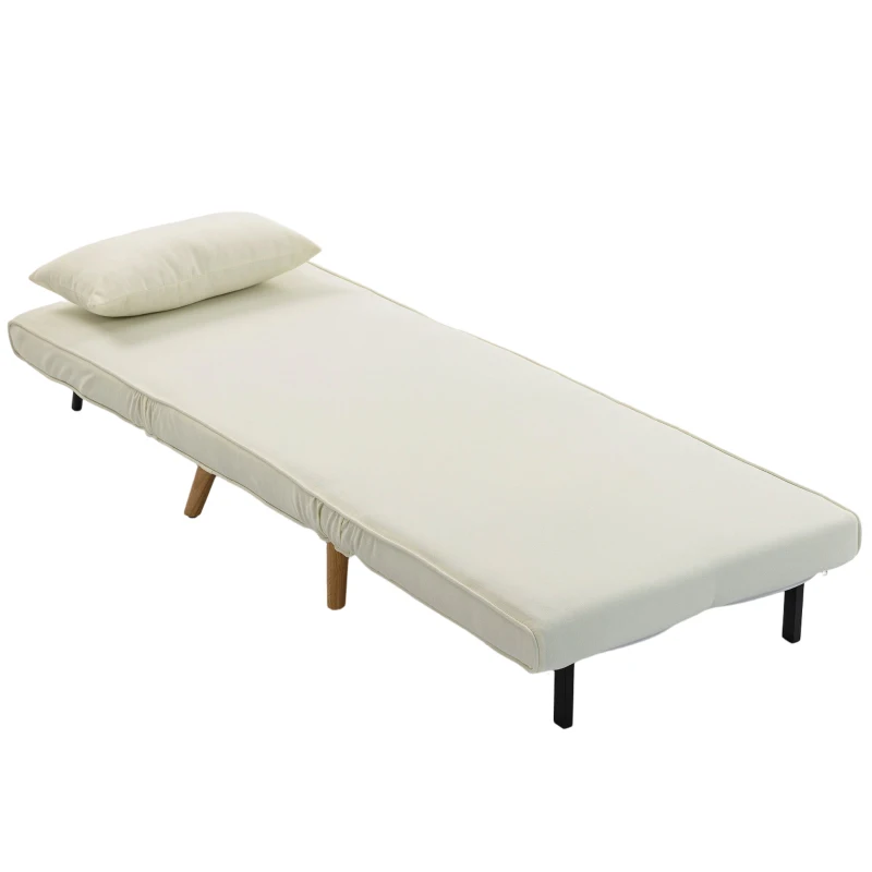 HOMCOM Fotoliu-șezlong convertibil 3 în 1 pat/fotoliu 1 loc, spătar 5 poziții, material textil cu pernă, crem